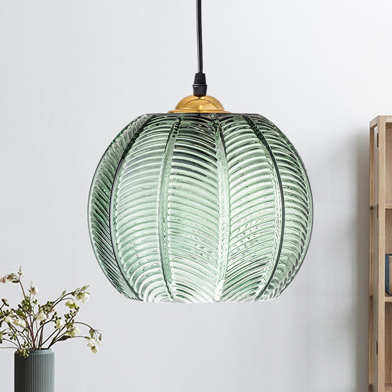 Pumpkin Ribbed Glass Pendant Lamp | Retro Green Hanging Light