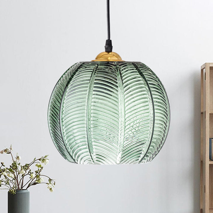 Pumpkin Ribbed Glass Pendant Lamp | Retro Green Hanging Light