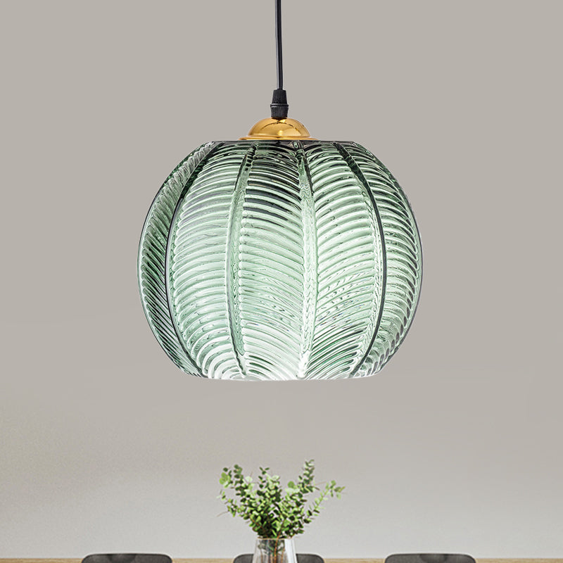 Pumpkin Ribbed Glass Pendant Lamp | Retro Green Hanging Light