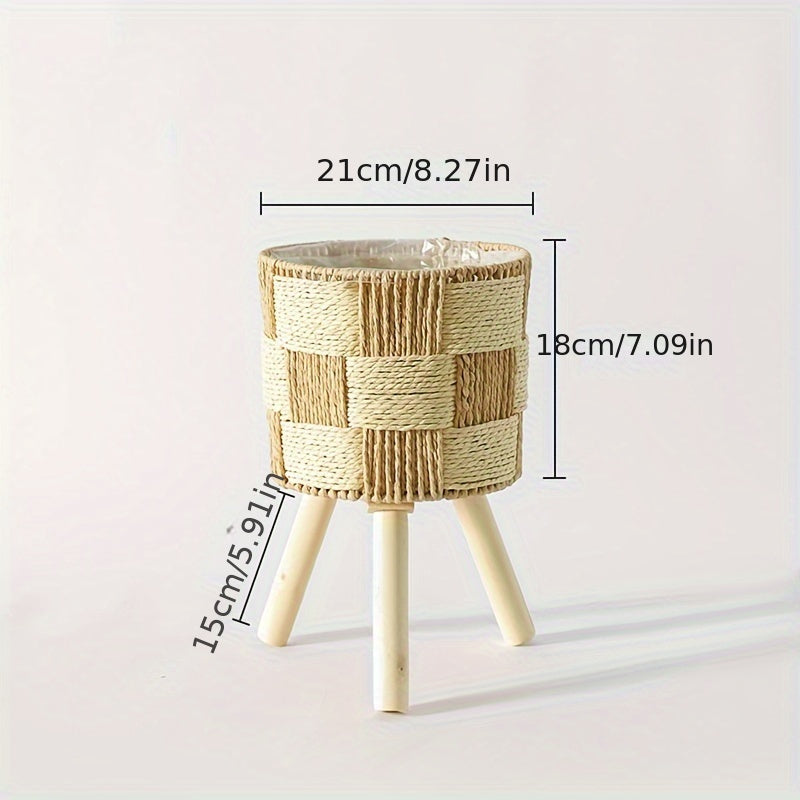 Bohemian Bamboo Woven Flower Stand | Handcrafted Rattan Planter with Wooden Legs