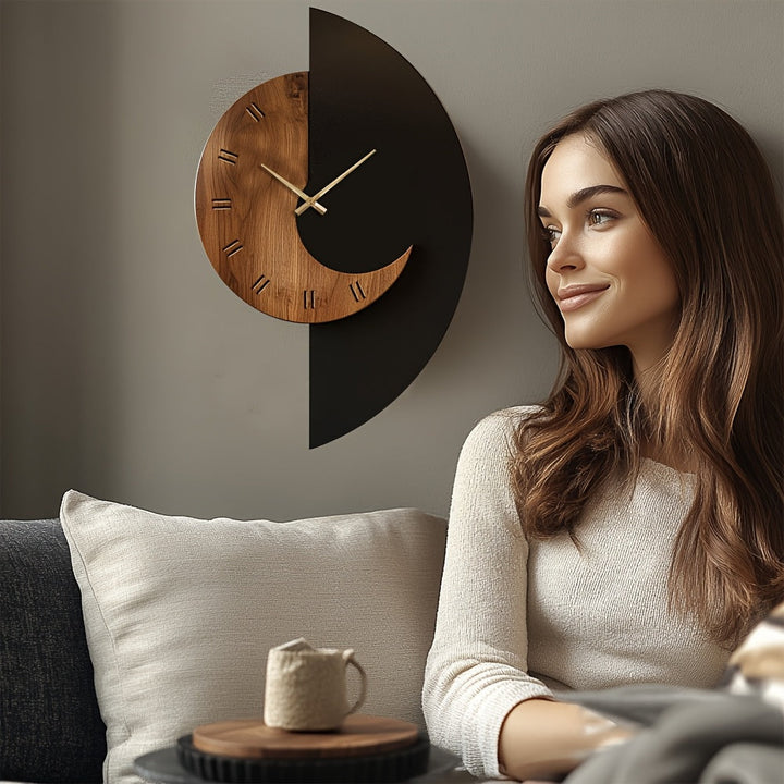 Modern Half-Moon Wooden Wall Clock | Silent Battery Operated