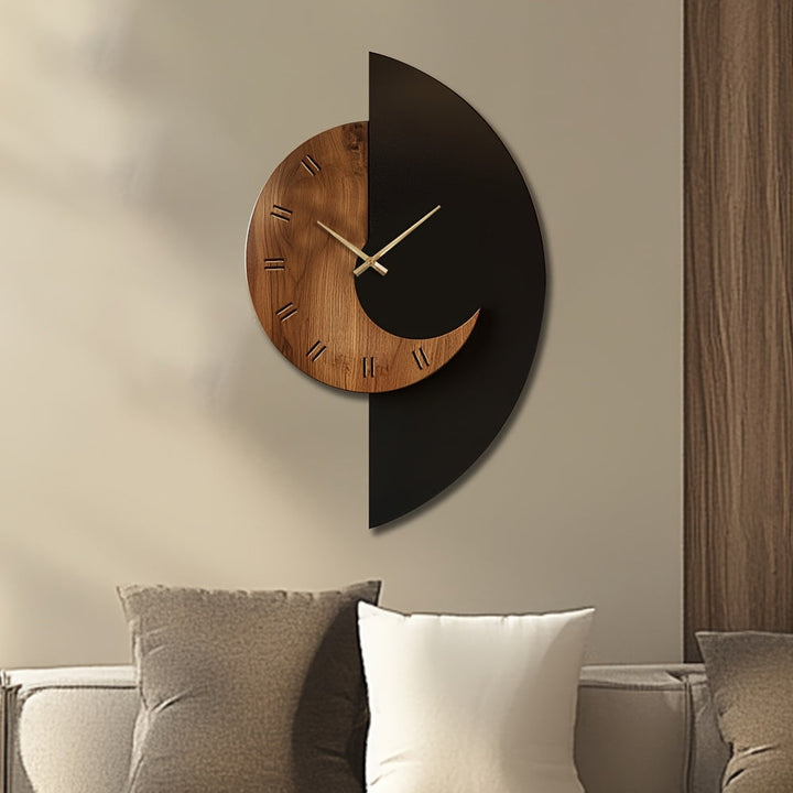 Modern Half-Moon Wooden Wall Clock | Silent Battery Operated