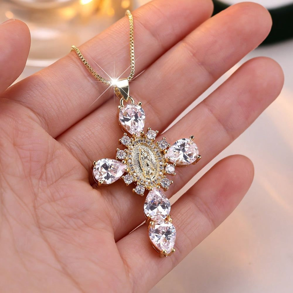 Necklace Cross Pendant Mothers Day Gold Zircon Crystal Jewellery
