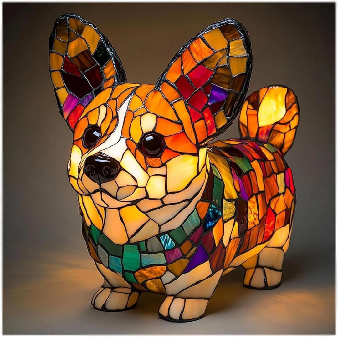 Table Lamp Stained Glass Dog LED Night Light Resin Decor