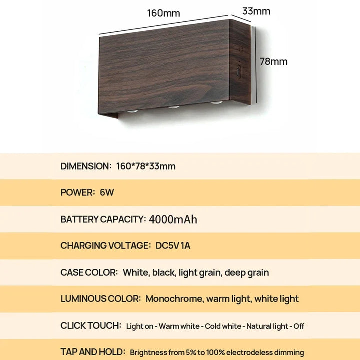 LumiBlock Rechargeable Wall Lamp | Minimalist Wood-Grain Design