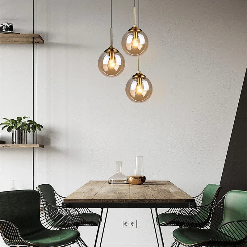 Modern Nordic Glass Globe Pendant Light | Amber, Smoke Grey, Clear Glass