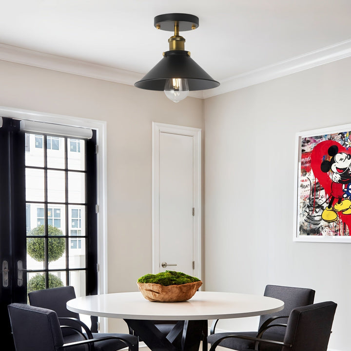 Industrial Black Semi Flush Mount Ceiling Light | Vintage Metal Pendant Fixture