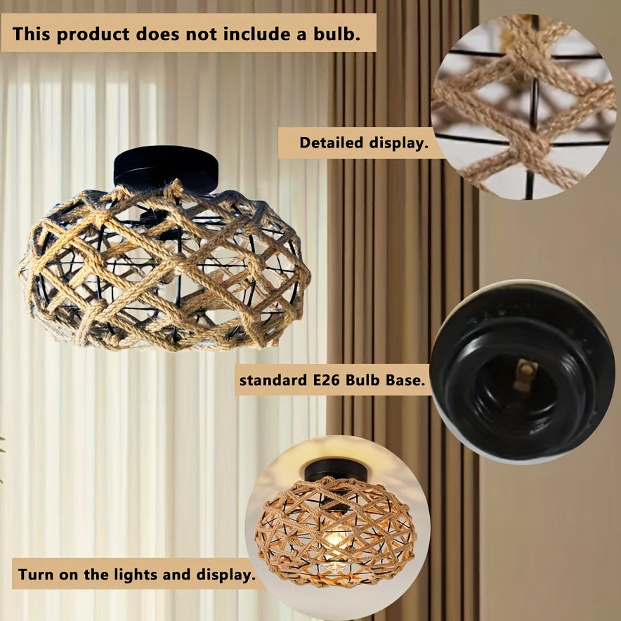 Bohemian Hemp Rope Ceiling Light | Handwoven Rustic Flush Mount Fixture