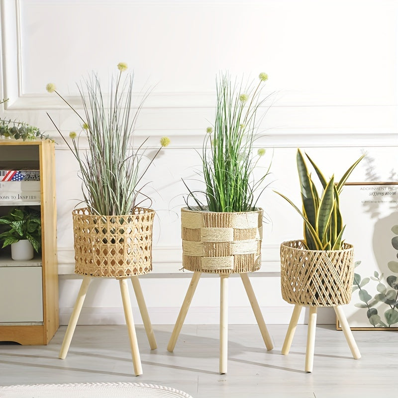 Bohemian Bamboo Woven Flower Stand | Handcrafted Rattan Planter with Wooden Legs