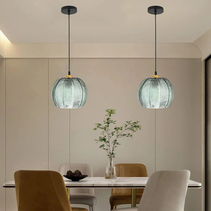 Pumpkin Ribbed Glass Pendant Lamp | Retro Green Hanging Light